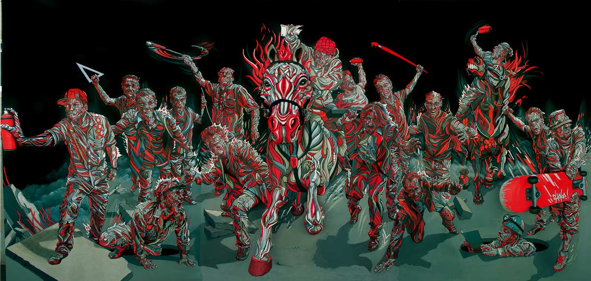 Marchal Mithouard, Shaka. Street Allegory. 6.00m x 3.00m. Acrylic and low-relief on canvas. Private Collection.