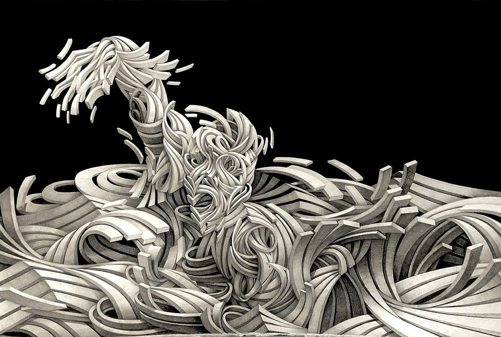 Marchal Mithouard, Shaka. Traversée #3. 100X70cm, pencil and charcoal on paper and wood, 2023.