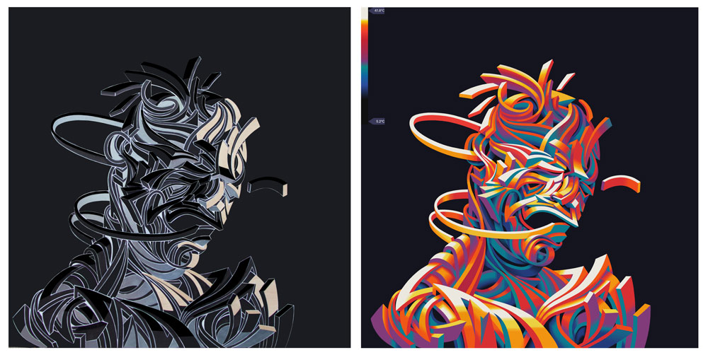 Marchal Mithouard, Shaka. Corps Noirs #3. 2X(89X117)cm, low-relief. cardboard, plexiglas, steel, aluminium and thermal paint on wood, 2018.